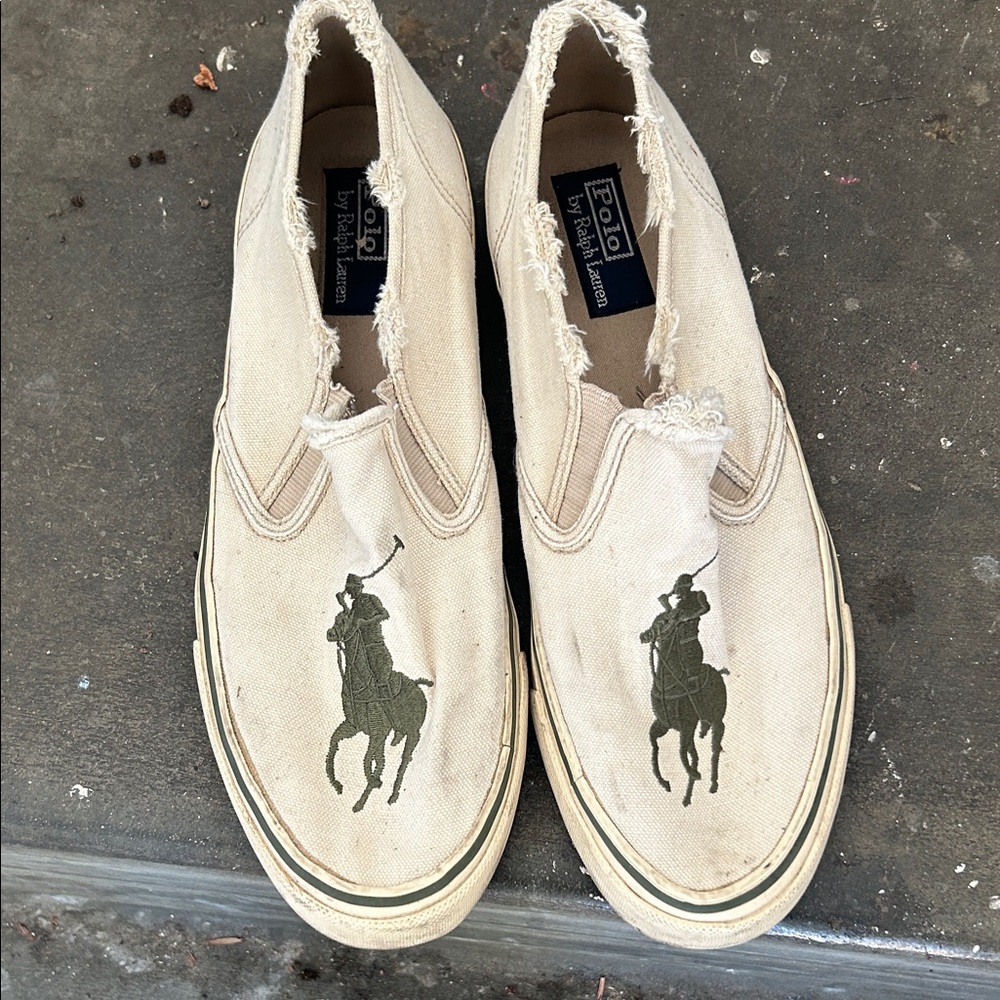 Polo by Ralph Lauren Beige Canvas Slip-On Loafers with Polo Player Emblem